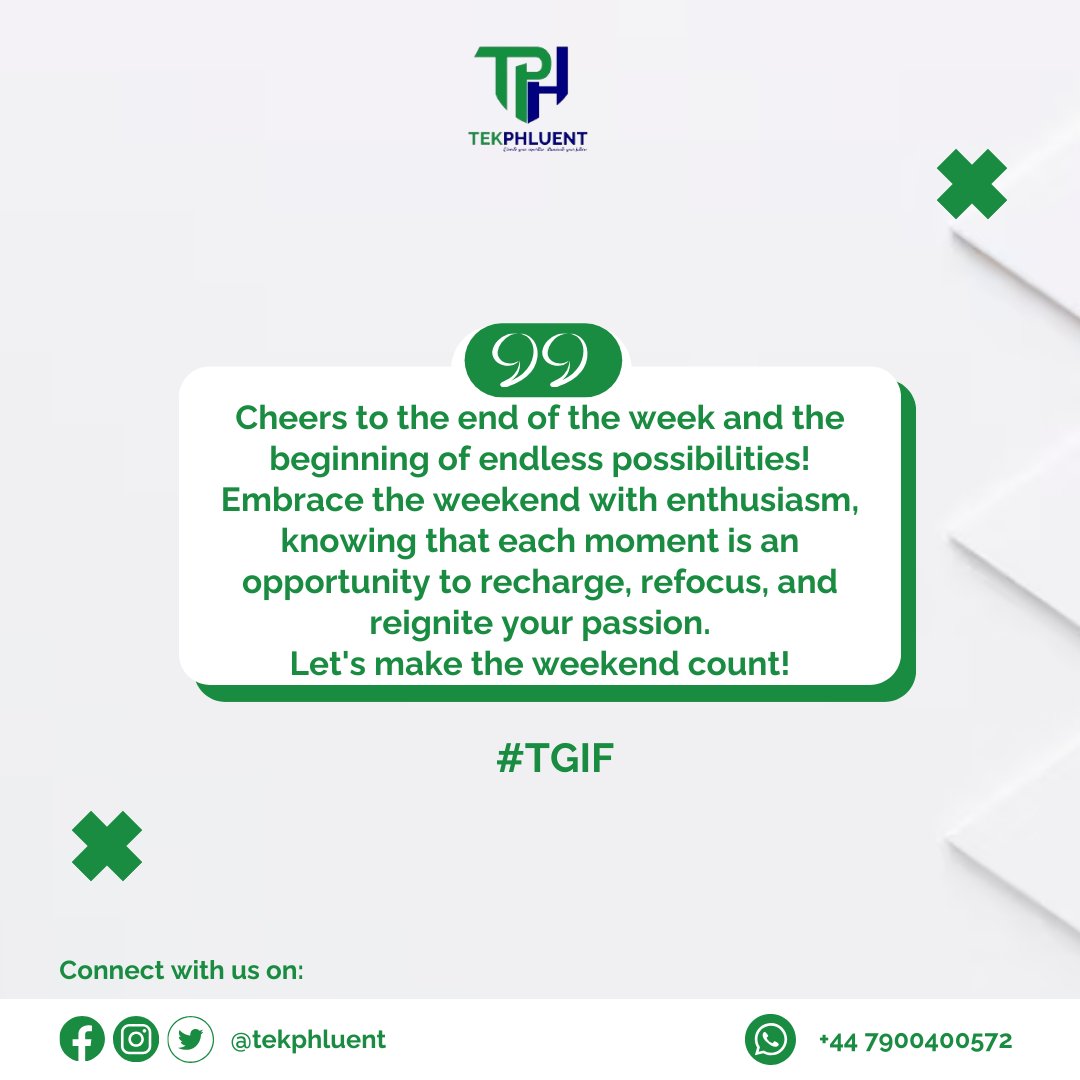 Cheers to the weekend and the endless possibilities it brings! Embrace this time to recharge, refocus, and reignite your passion. Make every moment count!

#WeekendVibes #Recharge #Passion #EndlessPossibilities #Tekphluent