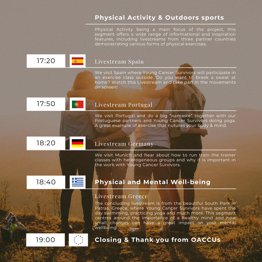 Join us for the grand finale of #OACCUs, connecting a Europe-wide network of young #CancerSurvivors 
Celebrate with us through our lifestream on May 16. #HealthyLifestyle
Register now: shorturl.at/aIWZ2 <a href="/EU_HaDEA/">HaDEA</a> <a href="/EU_Commission/">European Commission</a>