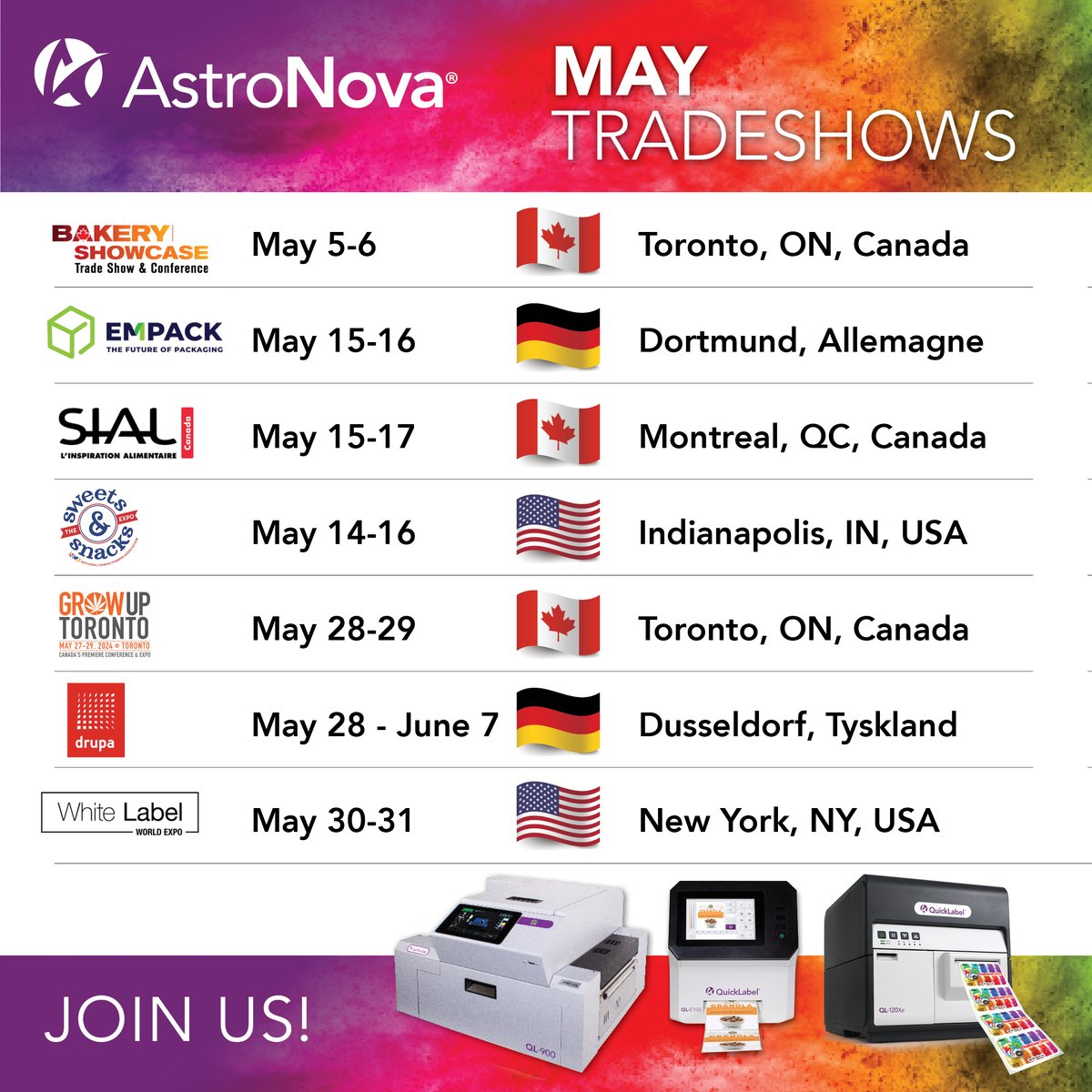 It's May. Time to get 'The Labels You Want When You Need Them®.' Let's get together to get you started at: #BakeryShowcase #Empack #SIALCanada #SweetsAndSnacks #GrowUpConference #Drupa2024 #WhiteLabelExpoNY