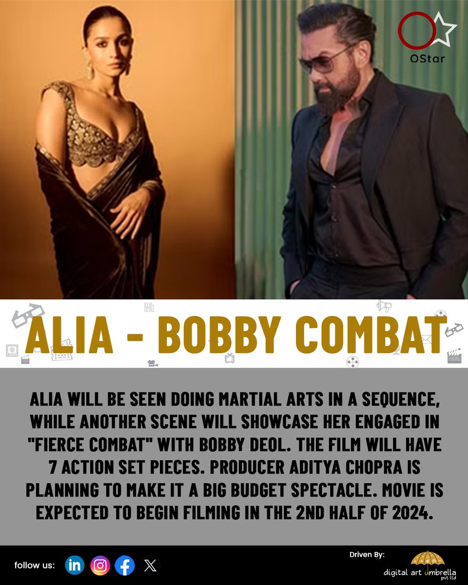 #aliabhatt 's upcoming action pack movie, starring next to #BobbyDeol . Shooting mostly to begin in the second half of 2024
.
#fyp #fypシ゚ #foryou #ostar #bollywood #action #movie #actionmovie #aliabhattfans #Serious #fighter #fighting