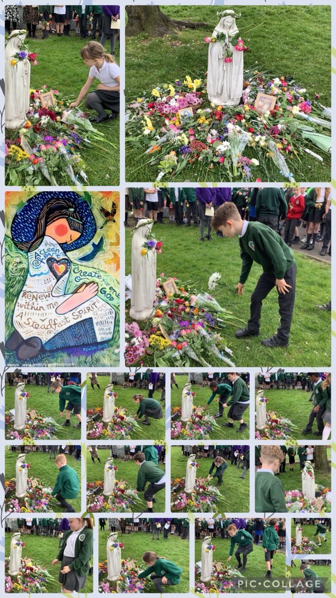 #sjsbclass7 respectfully took part our whole school worship and lay flowers at the feet of our newly crowned statue of Mary #sjsbCW #sjsbRE #MakeChristKnown @StJosephStBede