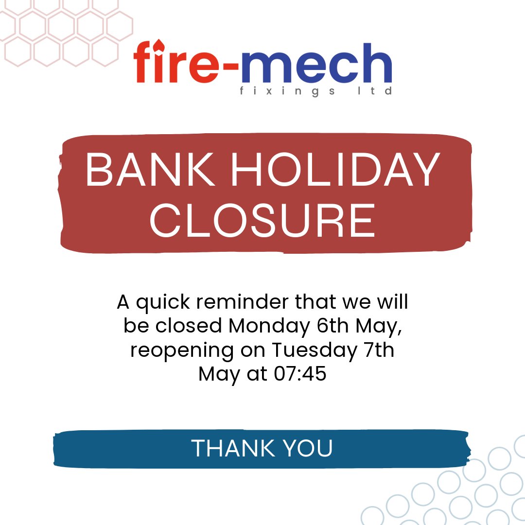 firemechfixings's tweet photo. 🟥🟦 A quick reminder that we will be closed this Bank Holiday Monday and will reopen on Tuesday.
#FireMech - your #CustomBrackets and #PipeSupports experts
We also specialise in #MalleableIronFittings #Gr8LOK by #GruvLOK #HDG #HotDippedGalv #CPVC #CPVCpipes https://t.co/PLESa917Dz