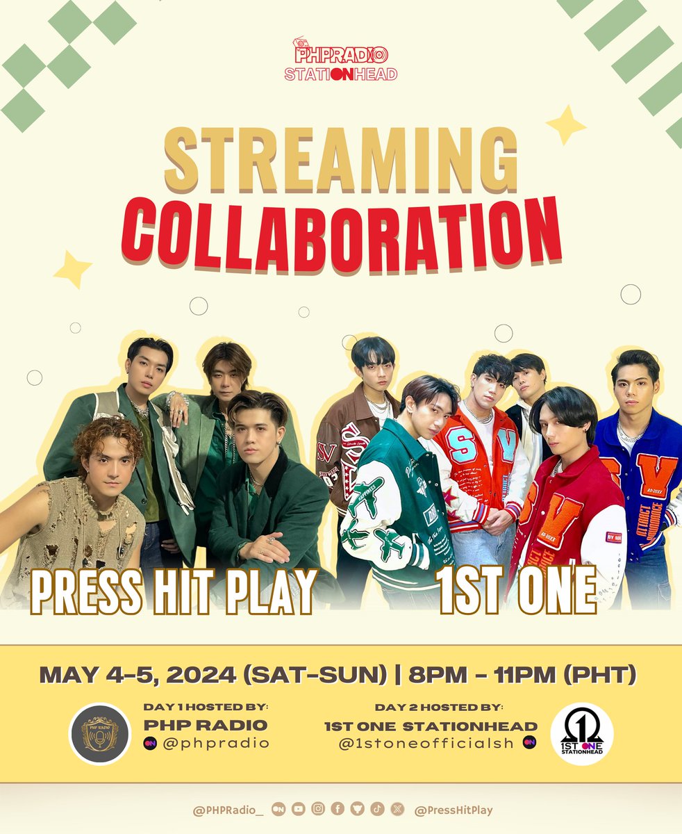 [STREAMING COLLAB🎧] Isa, Dalawa, Tatlo, Dito tayo'y magsayawan Pearls at ForOne💃 Samahan nyo kami sa aming dalawang araw na kolaborasyon kasama ang @1stOneSH sa @STATIONHEAD. 💛 #PressHitPlay #1stOne @PressHitPlay @1stoneOfficial