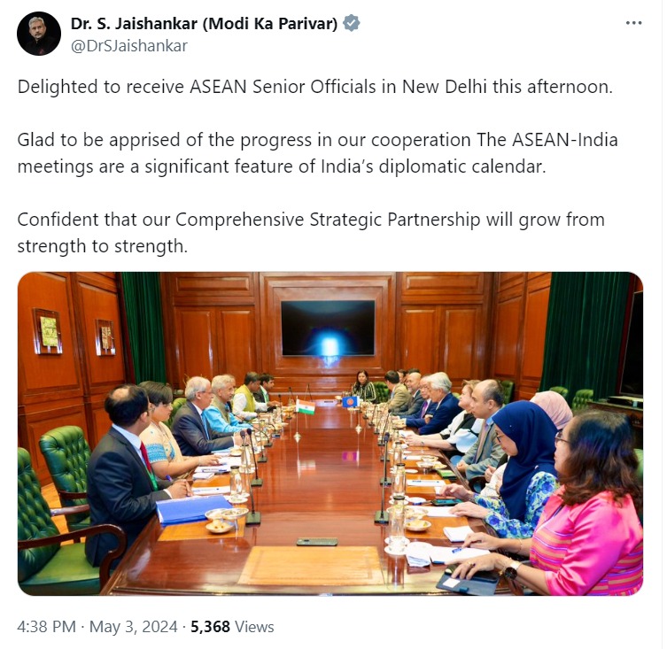 Upendrra Rai (@upendrrarai) on Twitter photo EAM <a href="/DrSJaishankar/">Dr. S. Jaishankar</a> posts, "Delighted to receive #ASEAN Senior Officials in #NewDelhi this afternoon. Glad to be apprised of the progress in our cooperation The ASEAN-India meetings are a significant feature of India’s diplomatic calendar. Confident that our Comprehensive EAM <a href="/DrSJaishankar/">Dr. S. Jaishankar</a> posts, "Delighted to receive #ASEAN Senior Officials in #NewDelhi this afternoon. Glad to be apprised of the progress in our cooperation The ASEAN-India meetings are a significant feature of India’s diplomatic calendar. Confident that our Comprehensive