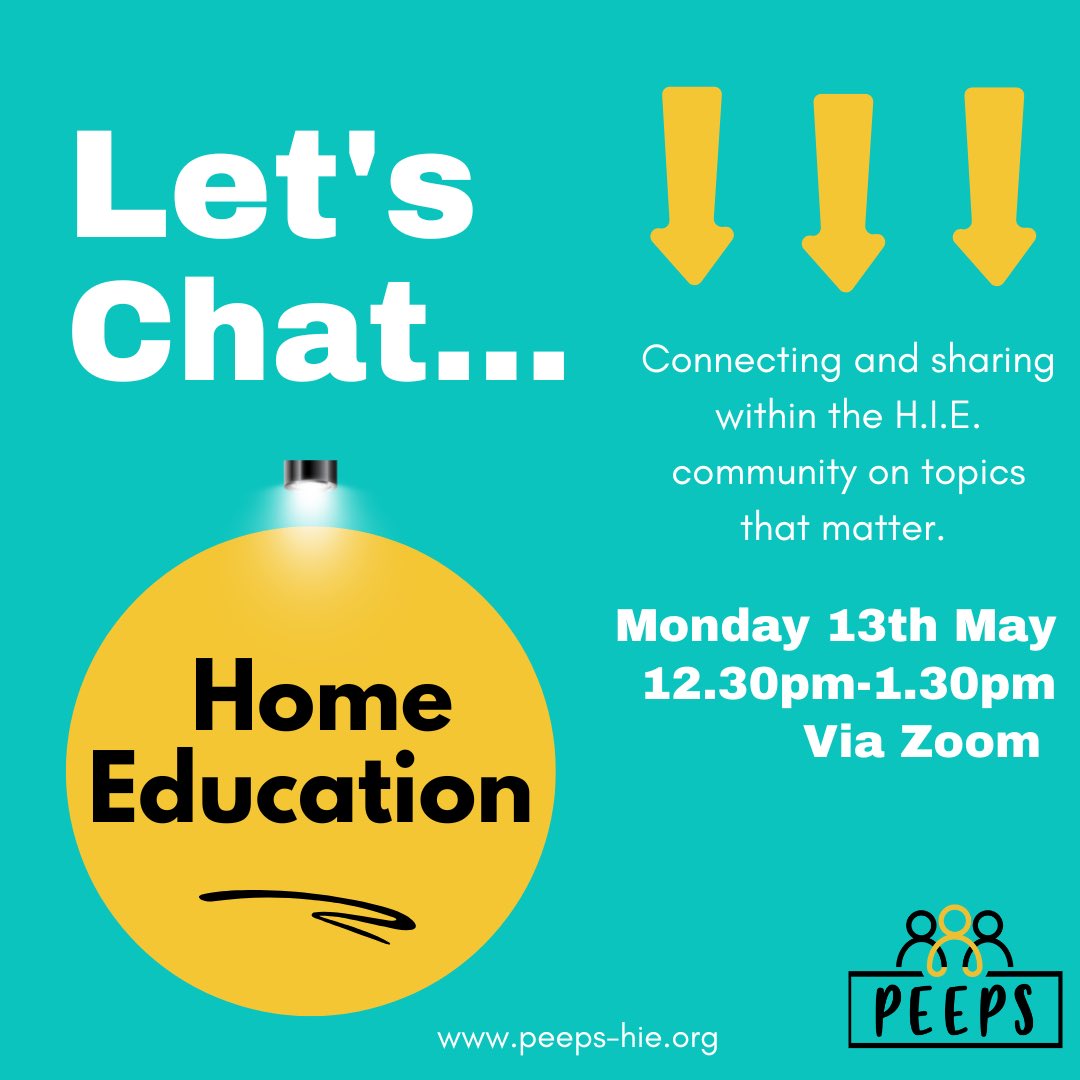 Please share with any families you support who may be interested in our “Let’s chat…” session, all about #HomeEducation and hosted by one of our lovely Peer Support Volunteers. Register for free via our website: peeps-hie.org/whats-on/lets-…