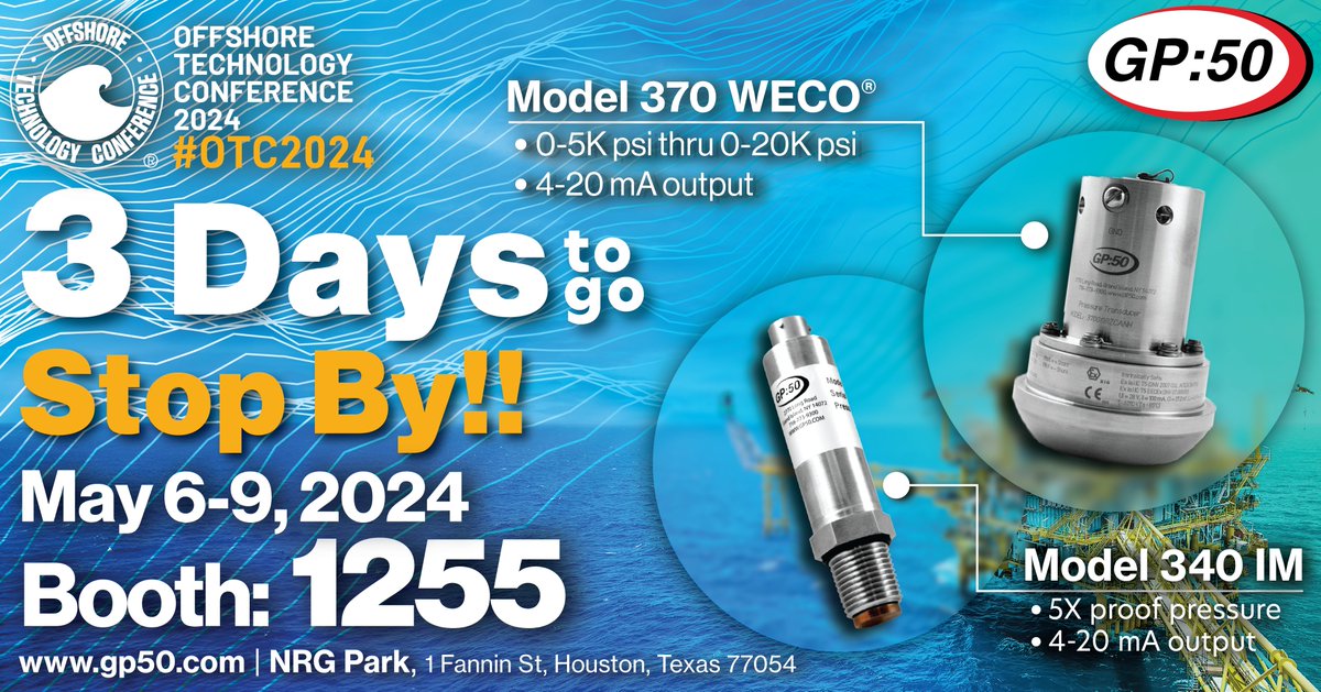 GP50_'s tweet photo. Just 3 days until OTC 2024! We're gearing up to showcase our latest innovations in instrumentation-grade pressure sensing equipment. Stop by Booth 1255 to discover how our reliable and accurate solutions can optimize your operations! #OTC2024 #GP50 #ReliableAndAccurate https://t.co/CSJfvGDEUa