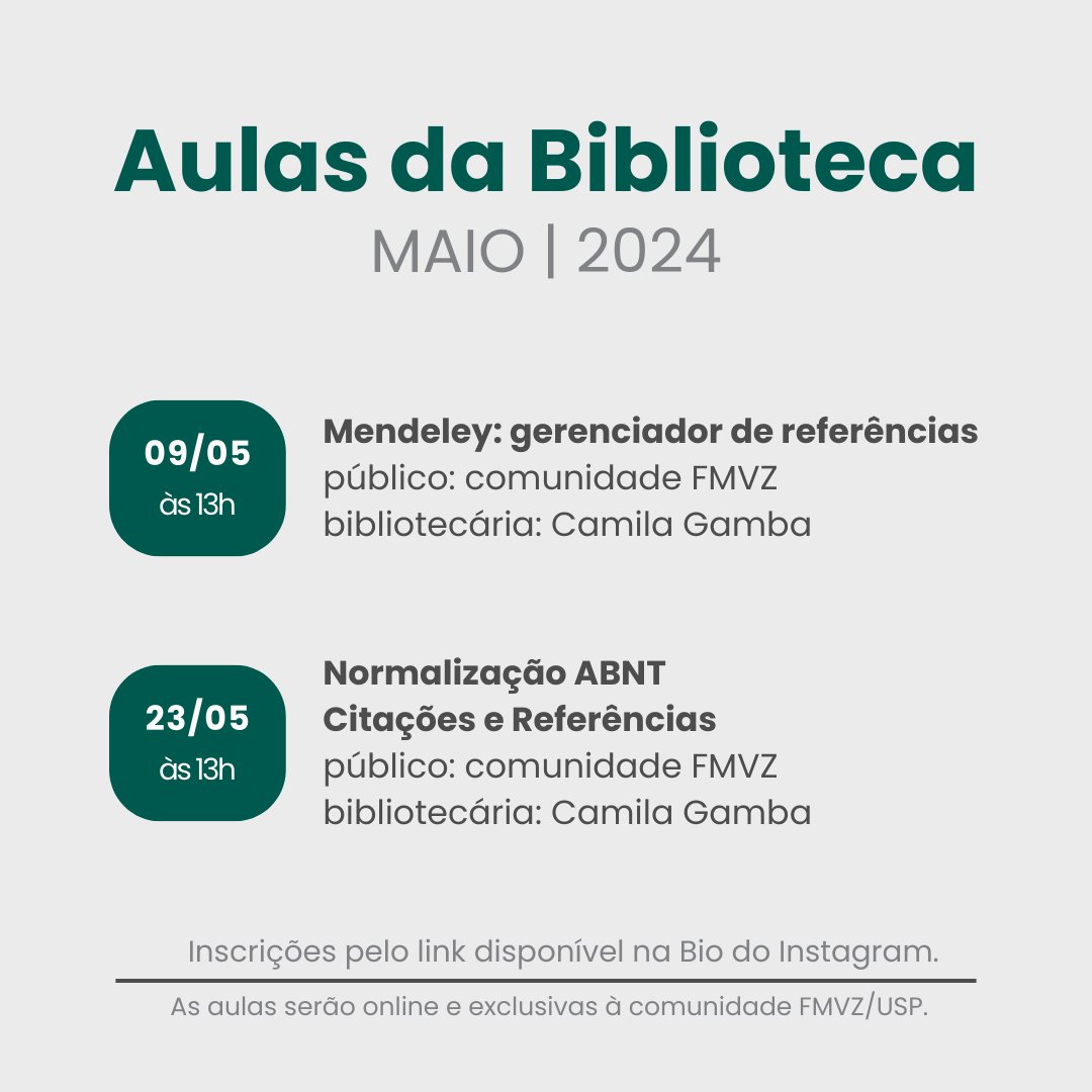 Confira as aulas da Biblioteca no mês de Maio/2024.

📗Mendeley: gerenciador de referências
🕐09/05 às 13h

📘Normalização ABNT - Citações e Referências
🕐23/05 às 13h

📄Inscreva-se pelo link:
🔗forms.gle/JSGnA3ghCyzF56…