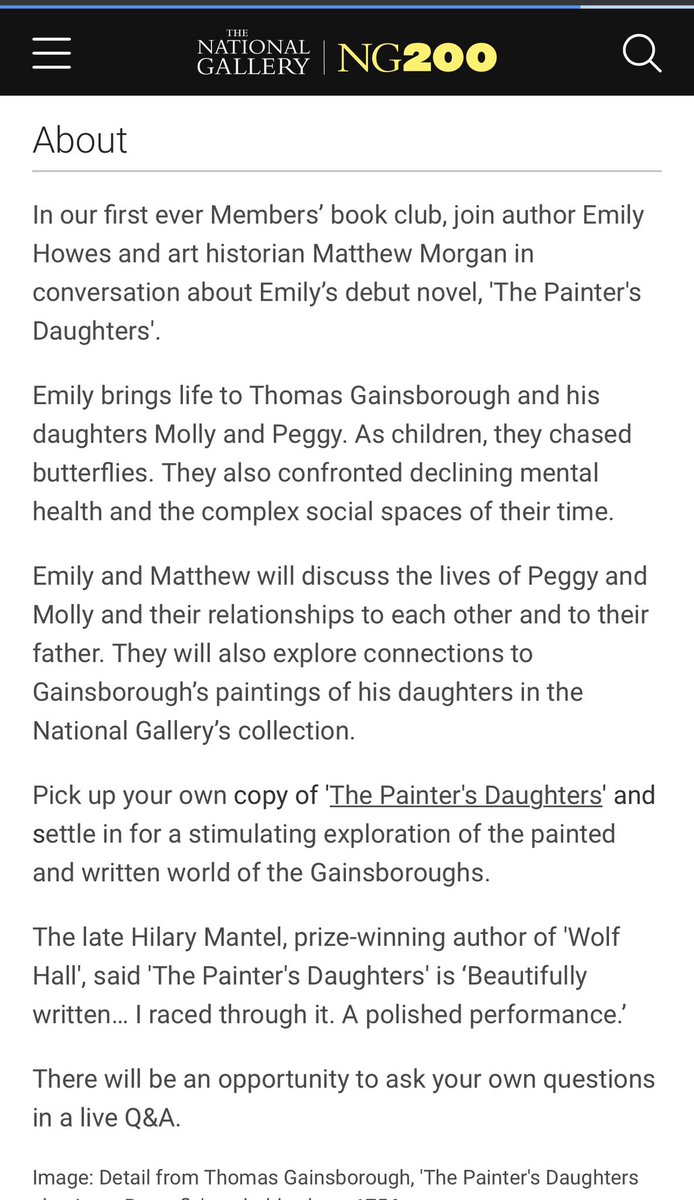 Extremely excited that The Painter’s Daughters has been chosen for the inaugural @NationalGallery Book Club. I’ll be in conversation with art historian Matthew Morgan, looking at Gainsborough and his girls in the broader 18th century artistic landscape. @Phoenix_Bks