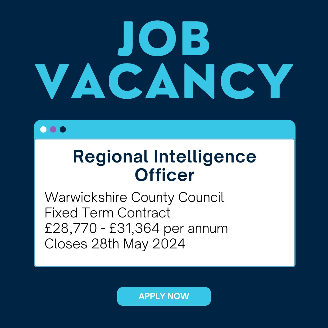 Warwickshire Council are looking for an Intelligence Officer to join their team. This is a Fixed Term Contract . Closing 28th May 2024. ⁠Find out more and apply today👉 wmjobs.co.uk/job/194904/reg… #Jobadvert #centsa