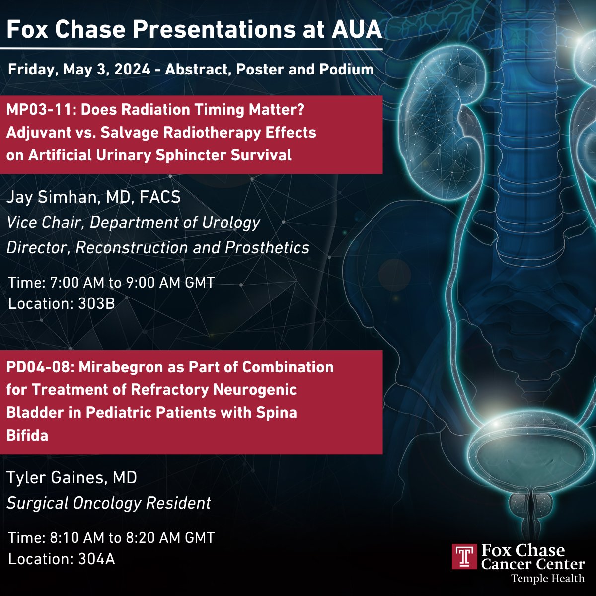 Fox Chase abstract, poster and podium presentations at #AUA24 happening this morning! Hear from Jay Simhan, MD, FACS, (@JSimhan), Vice Chair in the Department of Urology, and Tyler Gaines, MD, Surgical Oncology Resident. ⬇️