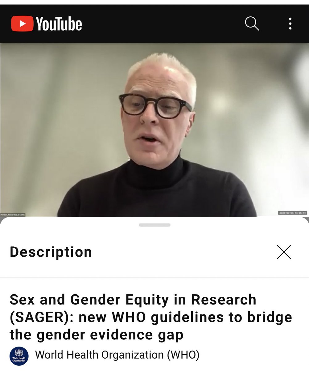 Honoured that @MESSAGE_TGI was highlighted by @richardhorton1 in this @WHO seminar (at 32:25) on sex and gender inclusion in science. As Horton says, as a project MESSAGE is “all about action” on these immense and enduring biases in research 🙏 m.youtube.com/watch?v=XfVP25…