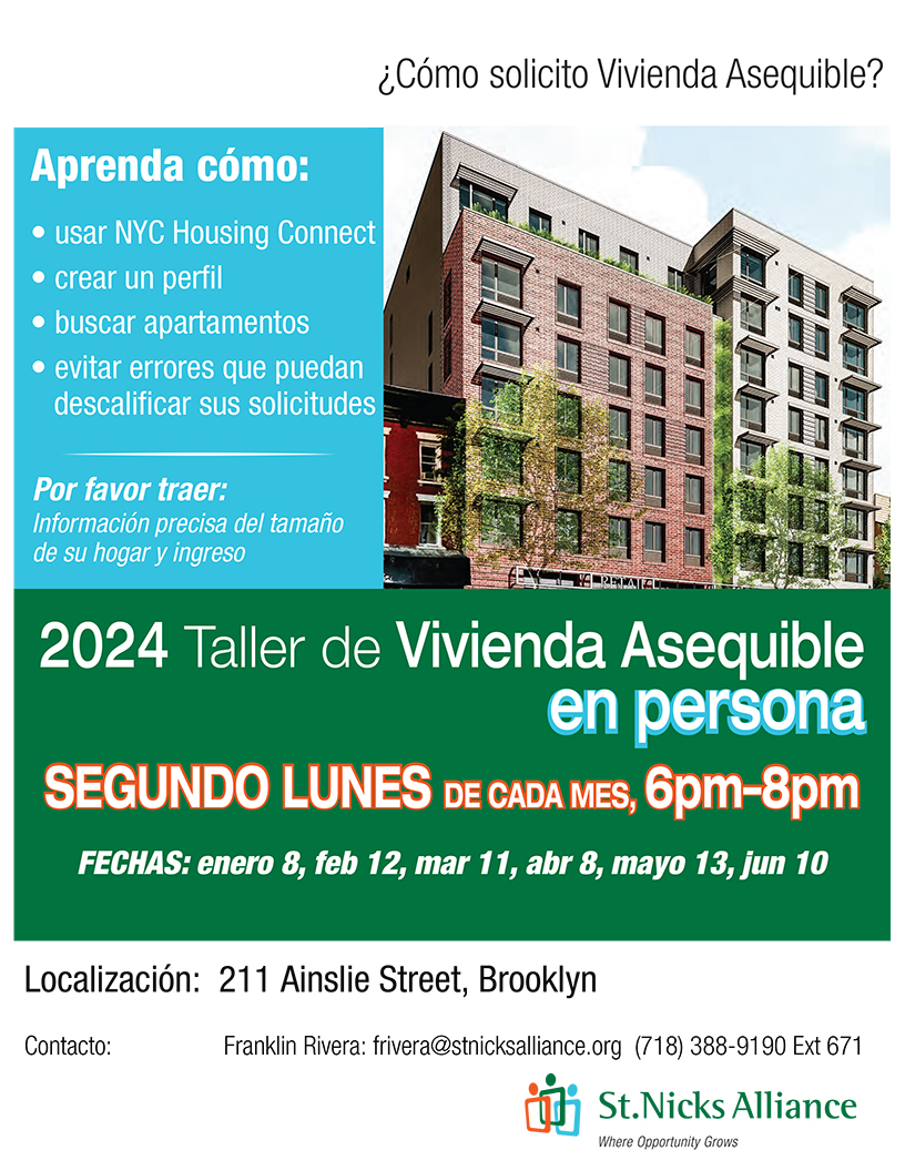 Attention North Brooklyn Residents, join us at our affordable housing workshop Monday, 5/13, 6 p.m.–8 p.m. Advanced registration required! Contact us at 📨frivera@stnicksalliance.org or 718-388-9190 Ext. 671☎️ For housing assistance outside of Brooklyn: nyc.gov/site/hpd/servi…