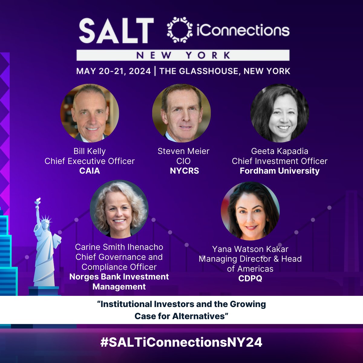#SALTiConnectionsNY Panel Announcement! 'Institutional Investors and the Growing Case for Alternatives' 🎙: Bill Kelly | @CAIAAssociation Steven Meier | NYCRS Geeta Kapadia | @FordhamNYC Carine Smith Ihenacho | @NorgesBank @YanaKakar | CDPQ @SALTConference