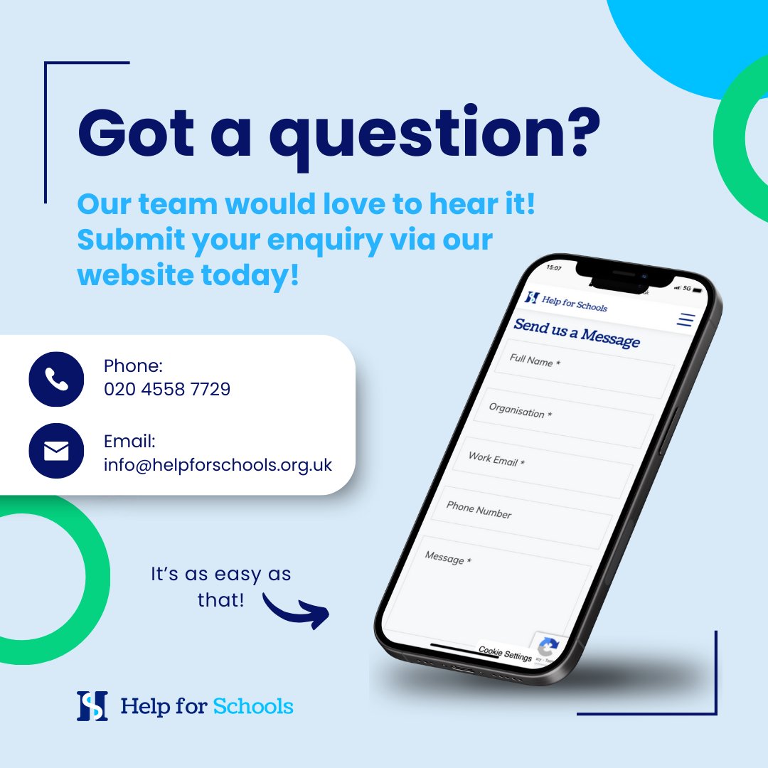 Got a question regarding our services and how they could benefit your school? 🤔

Our team can't wait to hear it, submit your enquiry via helpforschools.org.uk/get-in-touch/ 🔗

#getintouch #contactus #education #educationmatters #school