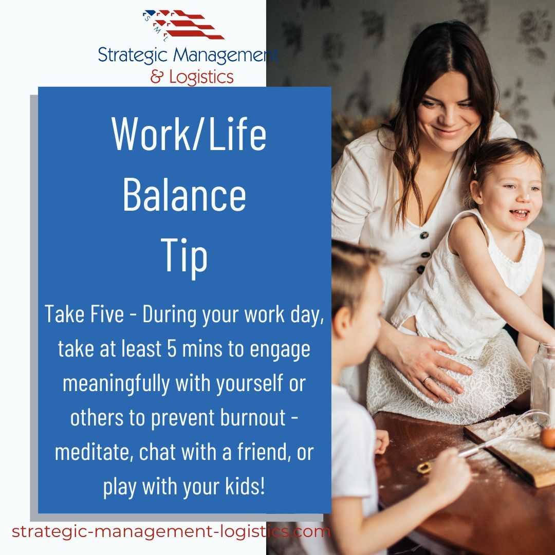 Work/Life Balance Tip: Take Five - During your work day, take 5 mins to engage meaningfully with family, friends or yourself.

Follow us for more expert tips and visit buff.ly/42PVete to learn more!

#strategicmanagementlogistics #sml #virtualassistance #supportservices