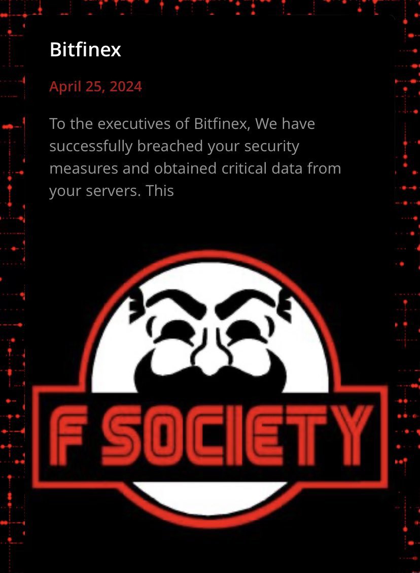 🚨 New: Bitfinex has been allegedly hacked. 

The F Society ransomware group has listed 4 additional new victims on its leak site, which includes #Bitcoin and crypto exchange Bitfinex. Another lesser known exchange, Coinmoma, was also listed. 

While the attack remains…