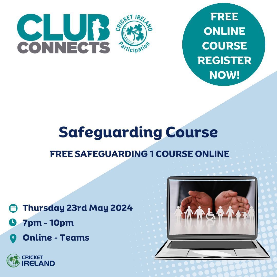 📣 Hey volunteers!! Its time to brush up on your skills and knowledge on safeguarding as the new season approaches. 📅 Date: Thursday 23rd May ⏰ Time: 7pm - 10pm 📍 Venue: Online 🎟️ Register: buff.ly/4a2bj1y #ClubConnects #IrishCricket #Clubdevelopment #Learning