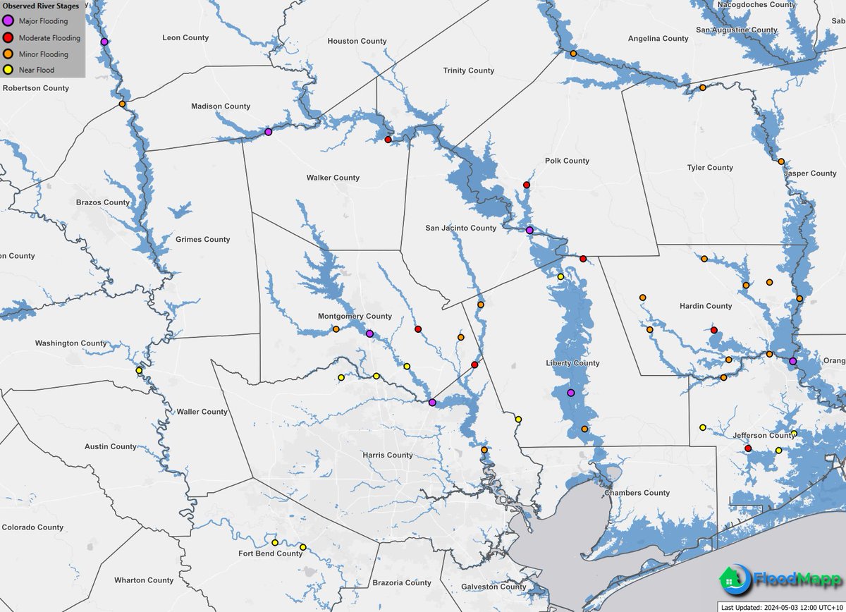 As #flood waters rise in the greater Houston area, our latest FloodMapp NowCast model reveals a critical update: many gauges signal moderate to major flooding, with water levels still climbing. The photo we share highlights the stark reality—our NowCast showing real-time…