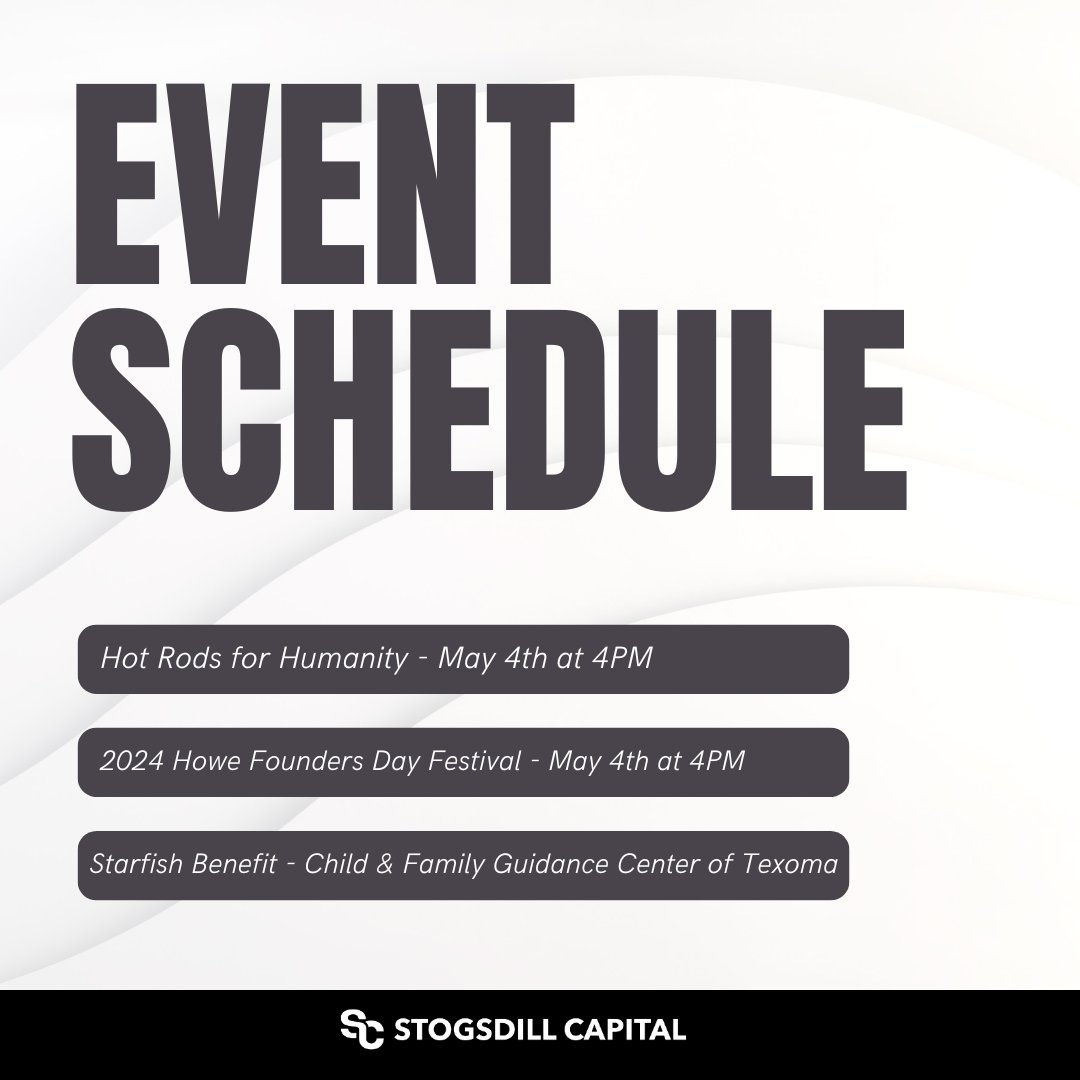 Team Stogsdill Capital gearing up for a jam-packed weekend in the community! 💼🌟 Who else will be joining us at the Starfish Benefit, Hot Rods for Humanity, and 2024 Howe Founders Day Festival? 

Share in the comments below! 

#CommunityInvolvement #WeekendEvents