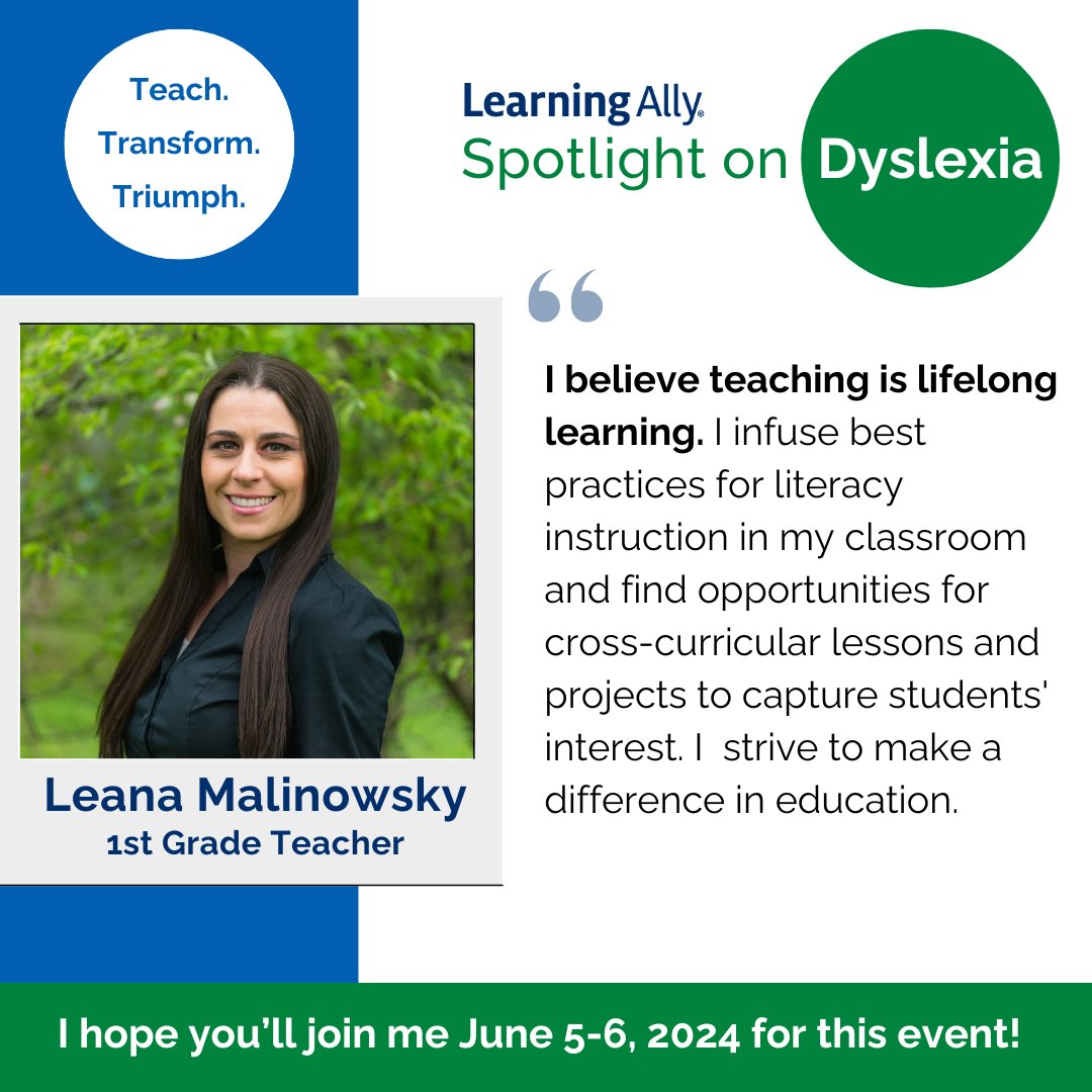 Meet Leana Malinowsky from @Learning_Ally's #Educator Community! As a 1st Grade #Teacher, she'll introduce guest speakers at the 9th Spotlight on Dyslexia, June 5-6, 2024. Join us for an inspiring event. 🌟 Register now: bit.ly/SPOD24 We can't wait to meet you! #SPOD24