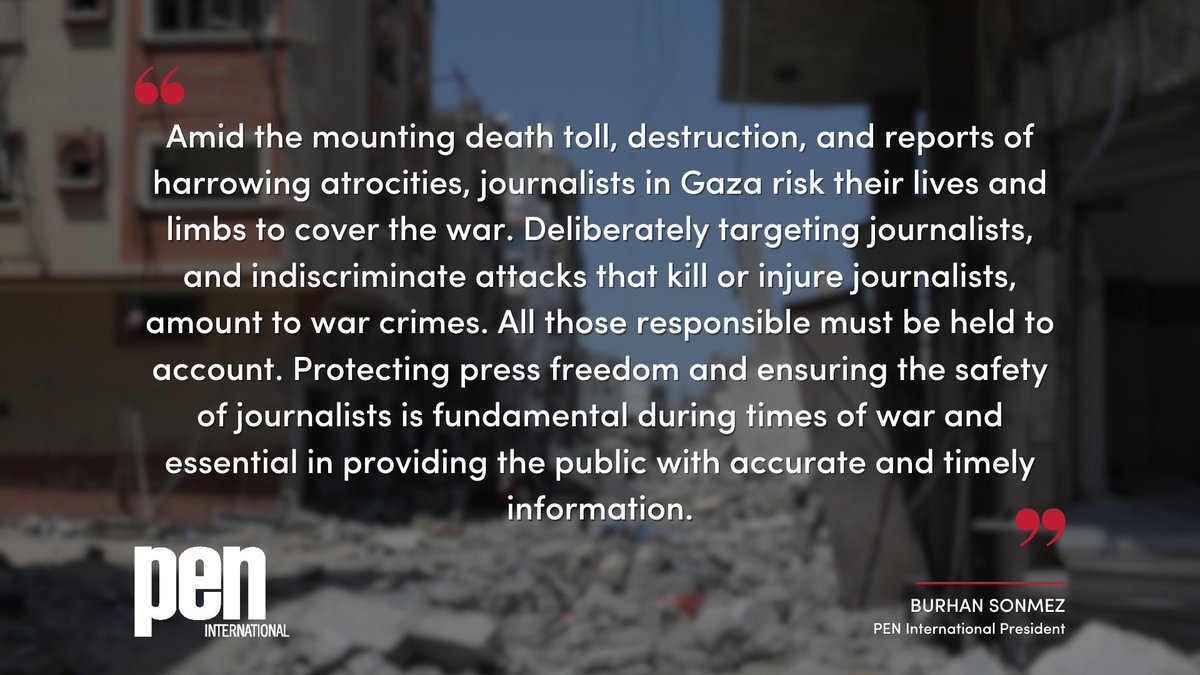 PEN International President, Burhan Sonmez, on the plight of journalists and erasure of press freedom since #Israel's bombing on Gaza began on 7 October 2023. On #WorldPressFreedomDay, take action and demand the protection of the press: pen-international.org/our-campaigns/…