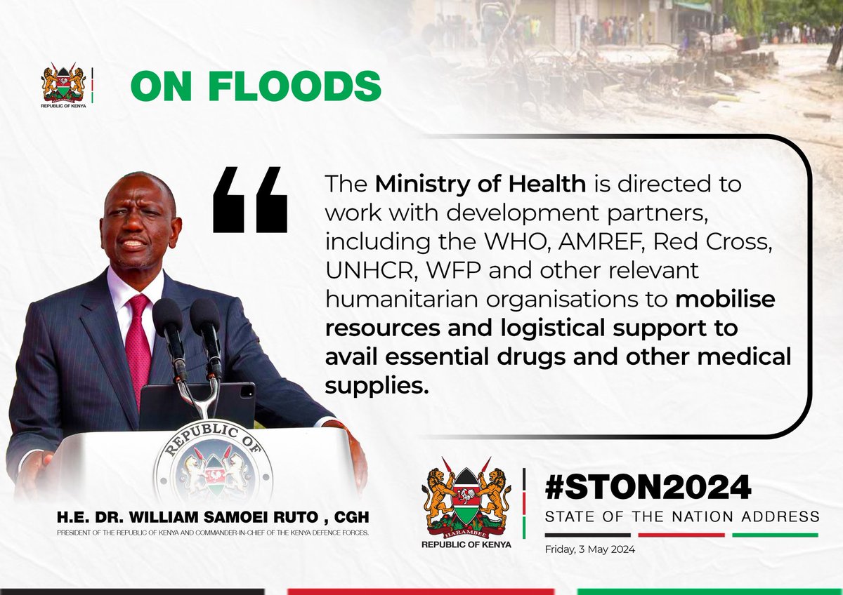 #StateOfTheNation: The Ministry of Health has been directed to work with development partners, including the WHO, AMREF, Red Cross, UNHCR, WFP and other relevant humanitarian organisations to mobilise resources and logistical support to avail essential drugs and other medical…