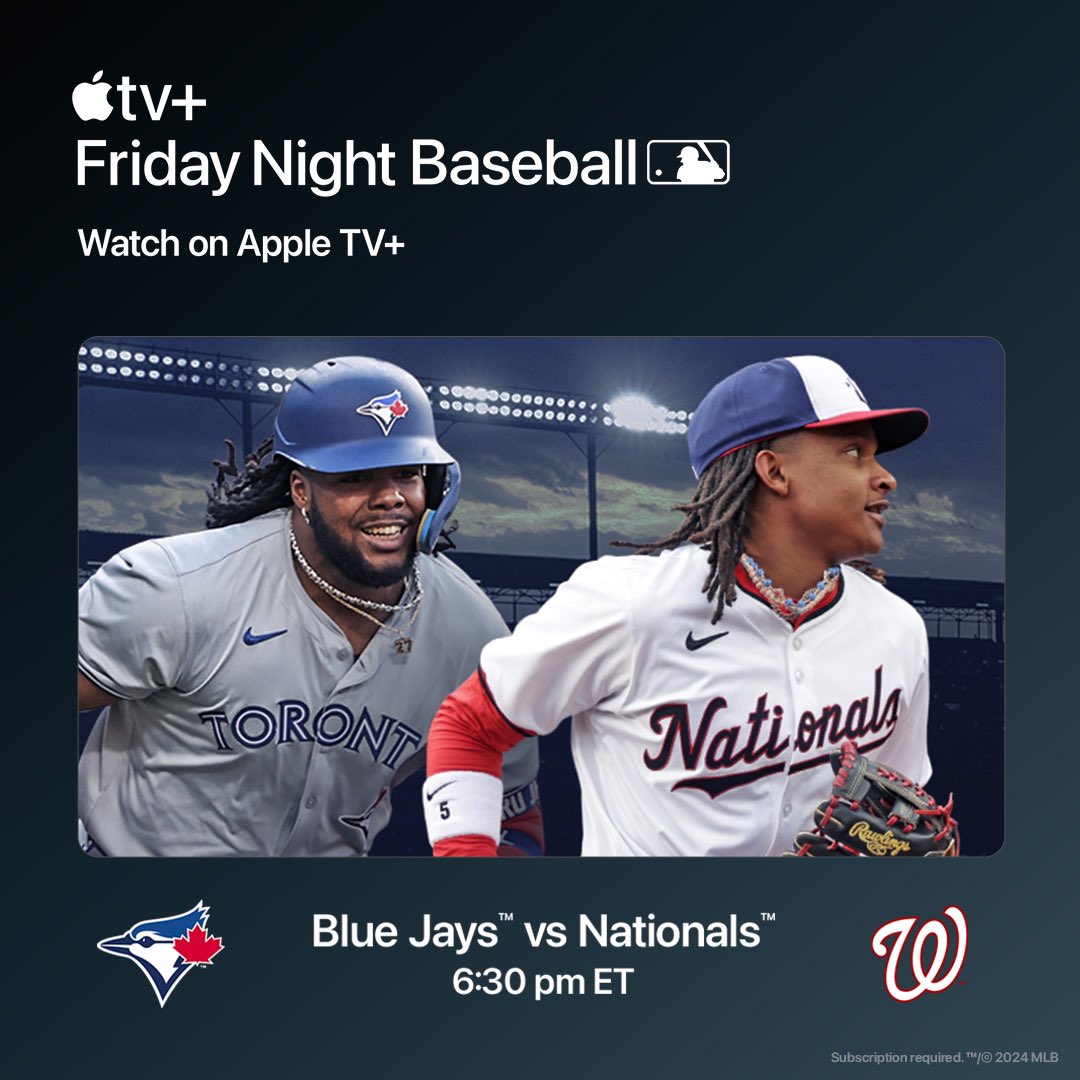 Tonight’s #FridayNightBaseball matchup features your #BlueJays and the Washington Nationals. It all starts at 6:30pm ET exclusively on Apple TV+ 👉 apple.co/BlueJays