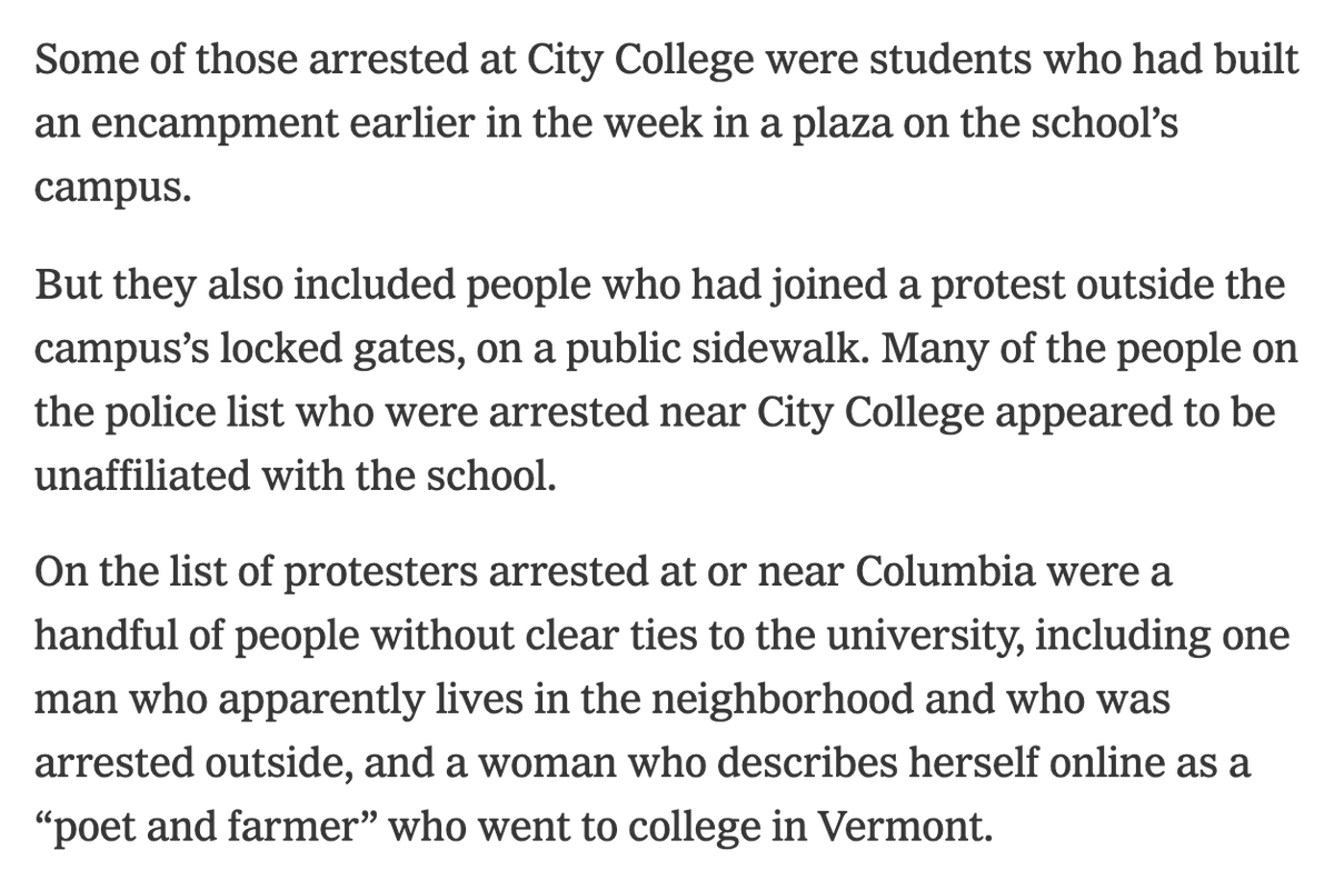 Some of the protest 'outsiders' that the NYT highlights: —a guy who goes to lots of protests —a guy who lives near Columbia and wasn't on campus —people protesting near CCNY —a woman who 'went to college in Vermont.' truly a real conspiracy here nytimes.com/2024/05/02/nyr…