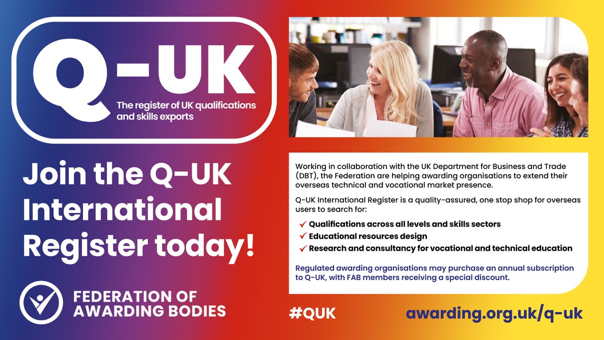 Q-UK is a comprehensive database of qualifications and other innovative educational products and essential services that are available for export, such as educational resources design, research and consultancy for vocational and technical education. 👉 awarding.org.uk/q-uk/