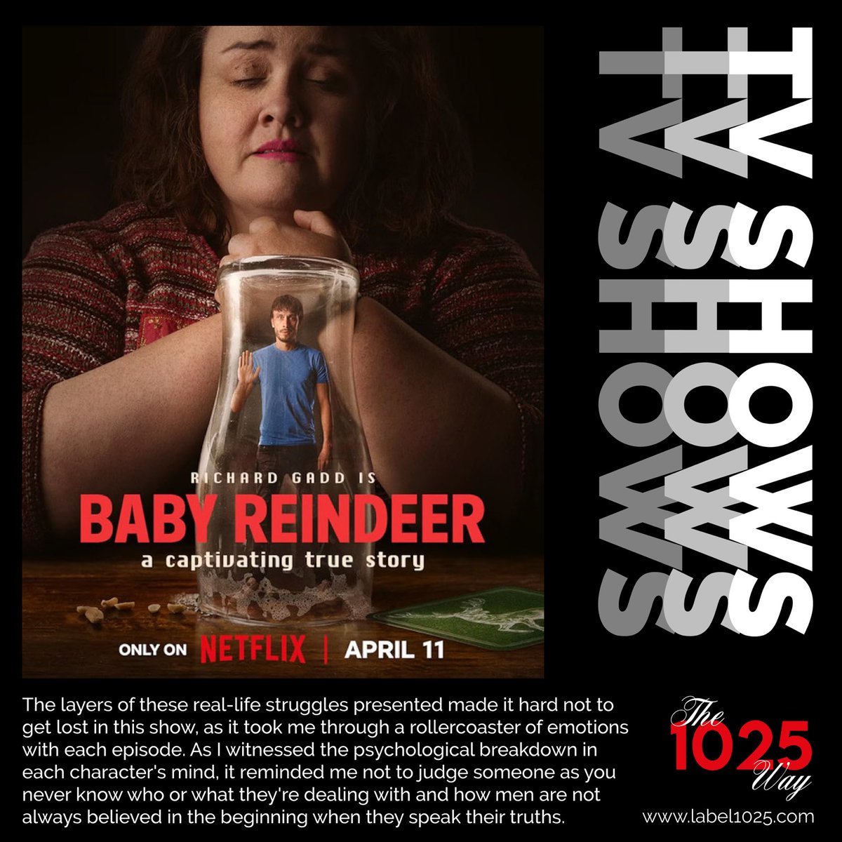 instagram.com/p/C6gc6K9IoPX/… 🔞
—————————————————————
#Label1025 #BabyReindeer #RichardGadd #JessicaGunning #NavaMau #MichaelWildman #biography #adaptation #comedy #drama #limitedseries #mentalhealth #obsession #truestory #tv #tvshow #ClerkenwellFilms #Netflix