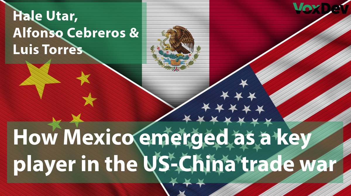 VoxDev (@vox_dev) on Twitter photo How Mexico emerged as a key player in the US-China trade war 🇲🇽
Last week on VoxDev, <a href="/HaleUtar/">Hale Utar</a> <a href="/GrinnellCollege/">Grinnell College</a>, <a href="/acebreroz/">Alfonso Cebreros</a> & Luis Torres showed that recent changes in US trade policy w/ China significantly boosted Mexican firms' exports to the US: voxdev.org/topic/trade/ho… How Mexico emerged as a key player in the US-China trade war 🇲🇽
Last week on VoxDev, <a href="/HaleUtar/">Hale Utar</a> <a href="/GrinnellCollege/">Grinnell College</a>, <a href="/acebreroz/">Alfonso Cebreros</a> & Luis Torres showed that recent changes in US trade policy w/ China significantly boosted Mexican firms' exports to the US: voxdev.org/topic/trade/ho…
