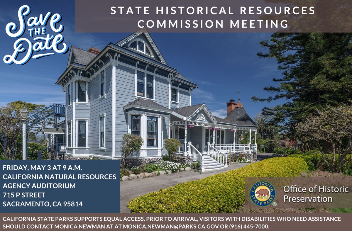 Beginning at 9 a.m. today, you can join the State Historical Resources Commission meeting. Nine nominations for the National Register of Historic Places will be considered, including Scarlett Ranch, centered on a Queen Anne style farmhouse. Visit parks.ca.gov/PublicNotices. @calshpo