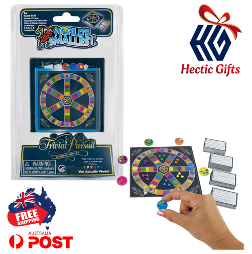 NEW - The Worlds Smallest Trivial Pursuit Game

ow.ly/fWG550QIGH8

#New #HecticGifts #SuperImpulse #SI #WorldsSmallest #TrivialPursuit #Game #BoardGame #Collectible #FamilyFun #GameNight #FreeShipping #AustraliaWide #FastShipping