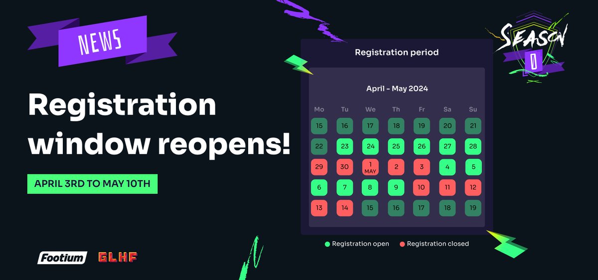 🎉 Exciting early news, Footium Managers! 🎉 🕛 The registration window REOPENS TODAY at 12:00 PM BST! Get ready to register your new signings to your clubs. 📝⚽ ✅ Start registering soon, you have until the 10th of May!
