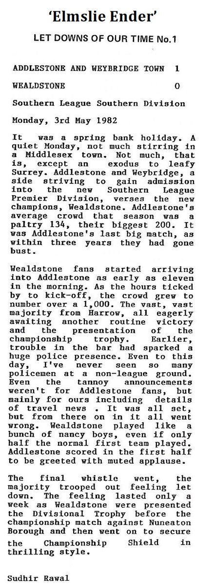 OTD (03 May) in 1982.....
Southern League Southern Division
Addlestone & Weybridge Town 1 - 0  Wealdstone
#WealdstoneFC @Wealdstone_FC
