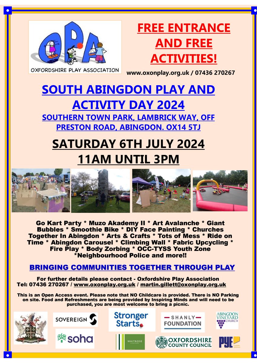 We will be returning to Southern Town Park in Abingdon for our annual Playday event on Saturday 6th July - FREE Entrance & FREE Activities - See You There! @AbingdonTC @AbCarousel @sovereignha @SohaHousing @actsoxfordshire
