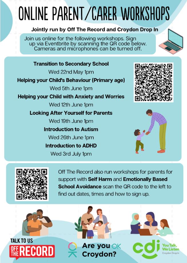 The latest dates for the Mental Health Support Teams (MHST) next series of Parent/Carer Webinars. Scan the QR codes to sign up.