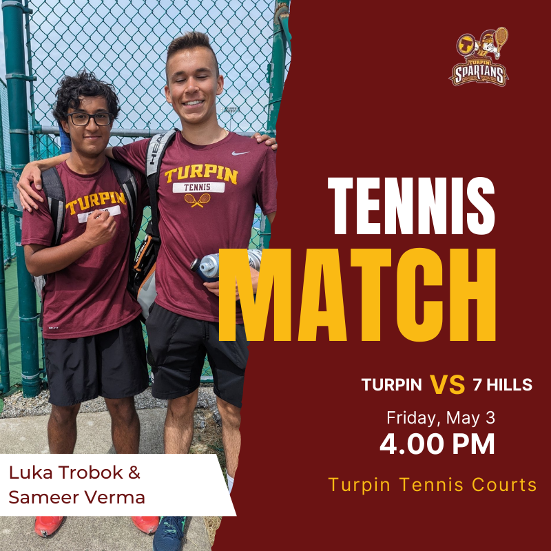 🚨 GAMEDAY! 🚨
After a solid performance at the ECC tournament, Turpin takes on 7 Hills at home.

🏟️ | Turpin High School
⏰ | 4:00 PM
@TurpinSpartans | #GoSpartans

🕗 Senior Night in 3 Days (Monday)