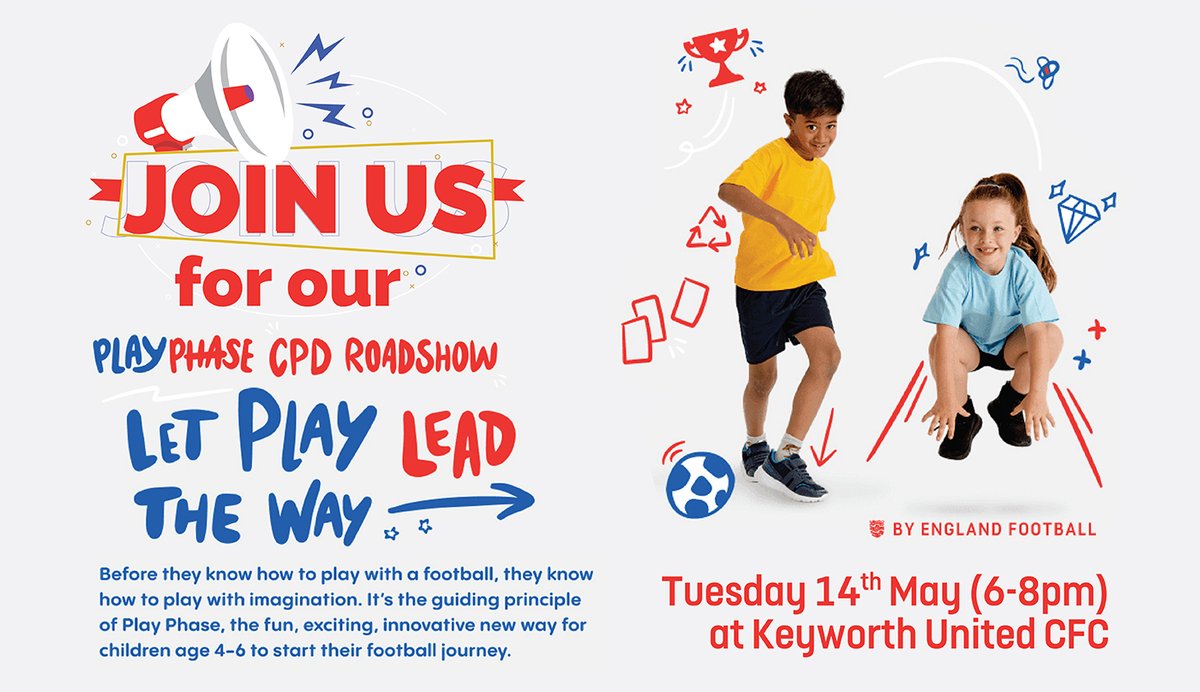 Join us on Tuesday 14 May at Keyworth United for the PlayPhase CPD Roadshow. Delivered by former FA Foundation Phase Lead, Pete Sturgess, the workshop shows the importance of play in particular for children aged 4-6 starting their football journey. 🔗- bit.ly/3n0zOcY
