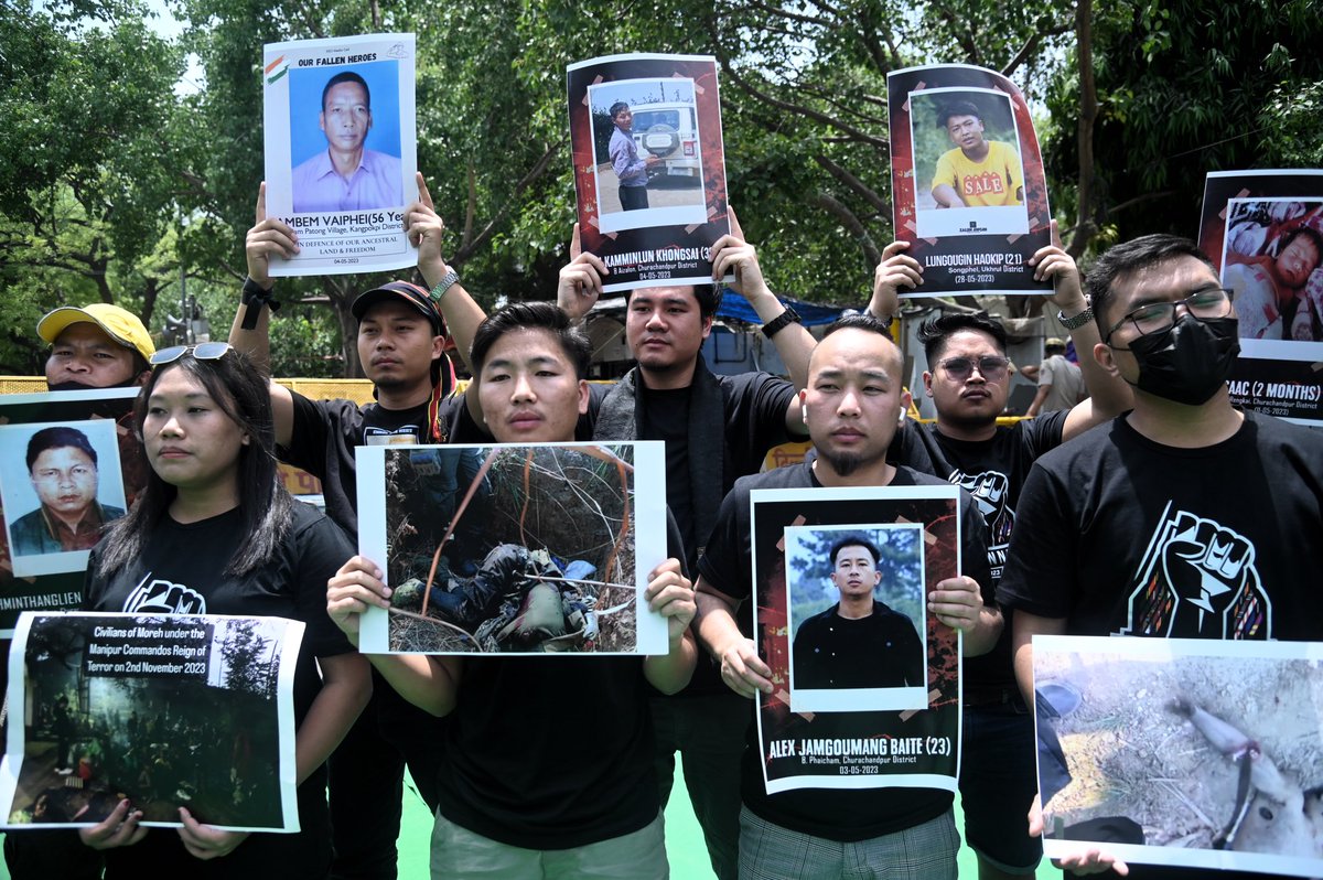Kuki-Zo protestors holding the photos of hundreds of victims killed in Manipur violence last year in New Delhi, India on 3 May, 2024 . 
#Manipur_Violence #KukiZo #delhi #victims #Manipur