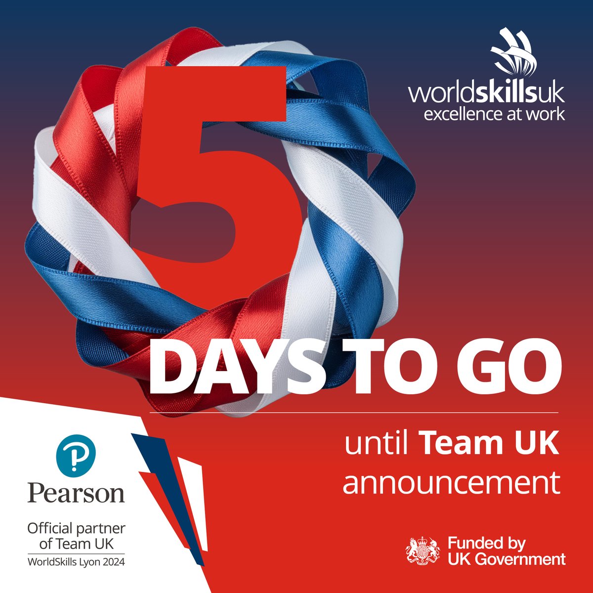 After months of hard work and dedication from Squad UK, it is only 5 days until the announcement of Team UK! We are excited to share who will be heading to Lyon to compete in the 2024 WorldSkills. #TeamUK, powered by @worldskillsuk in partnership with @PearsonBTECAppr.