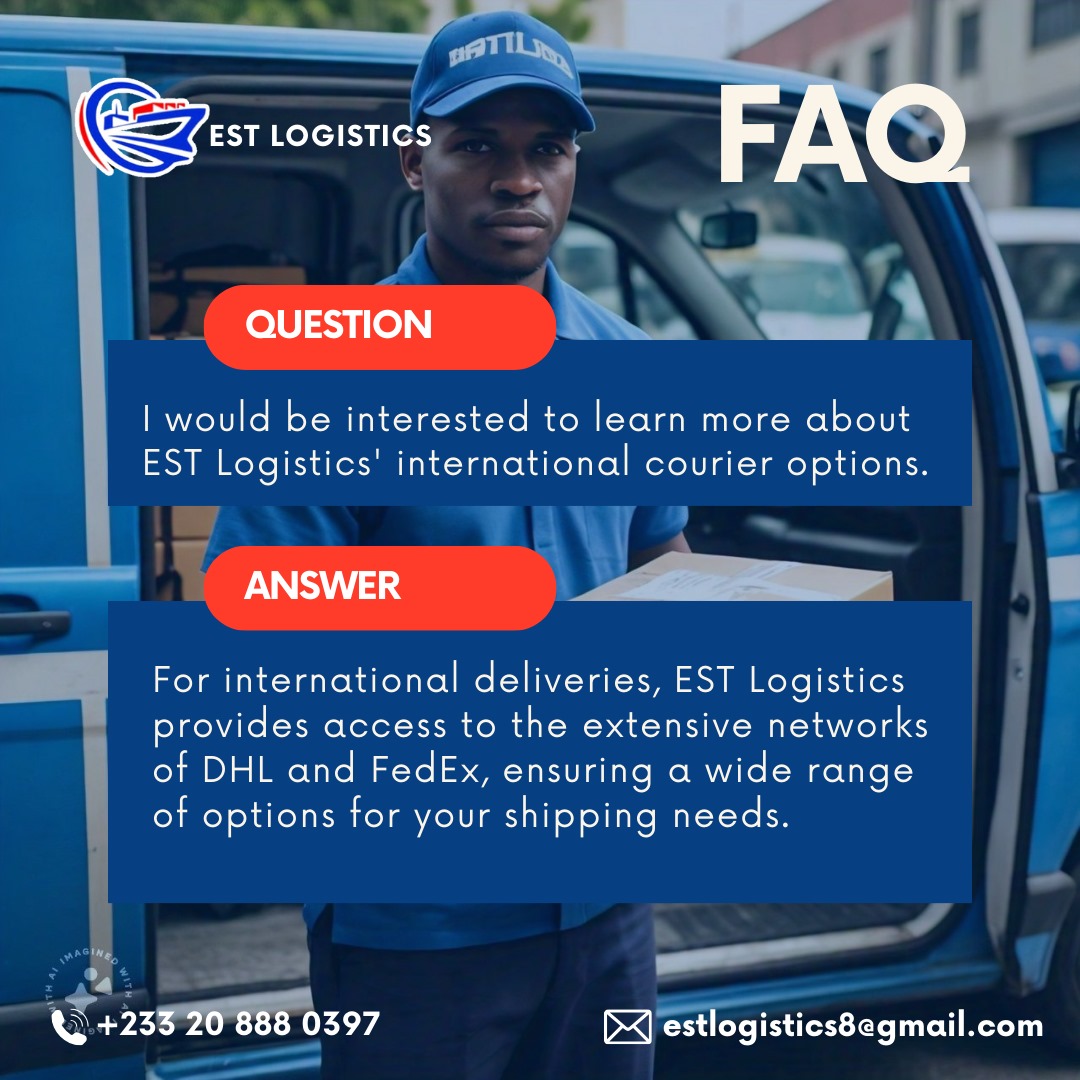 Got Logistics Questions? We've Got Answers! Check out our EST Logistics FAQs!

#FAQtakeover! #ESTLogistics #LogisticsSimplified #GhanaShipping #shippingconsultancy #haulageservices #warehousingsolutions #projectcargo #customsbrokerage #Door2DoorShipping #clearingandforwarding
