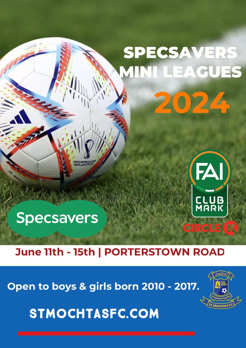 🧑🏻‍💻 Booking is now LIVE for our 2024 <a href="/SpecsaversIE/">Specsavers Ireland</a> <a href="/blanchcentre/">blanchardstowncentre</a> Mini Leagues. 

Please book ASAP to avoid disappointment. 👇🏻

stmochtasfc.clubzap.com/categories/cam…