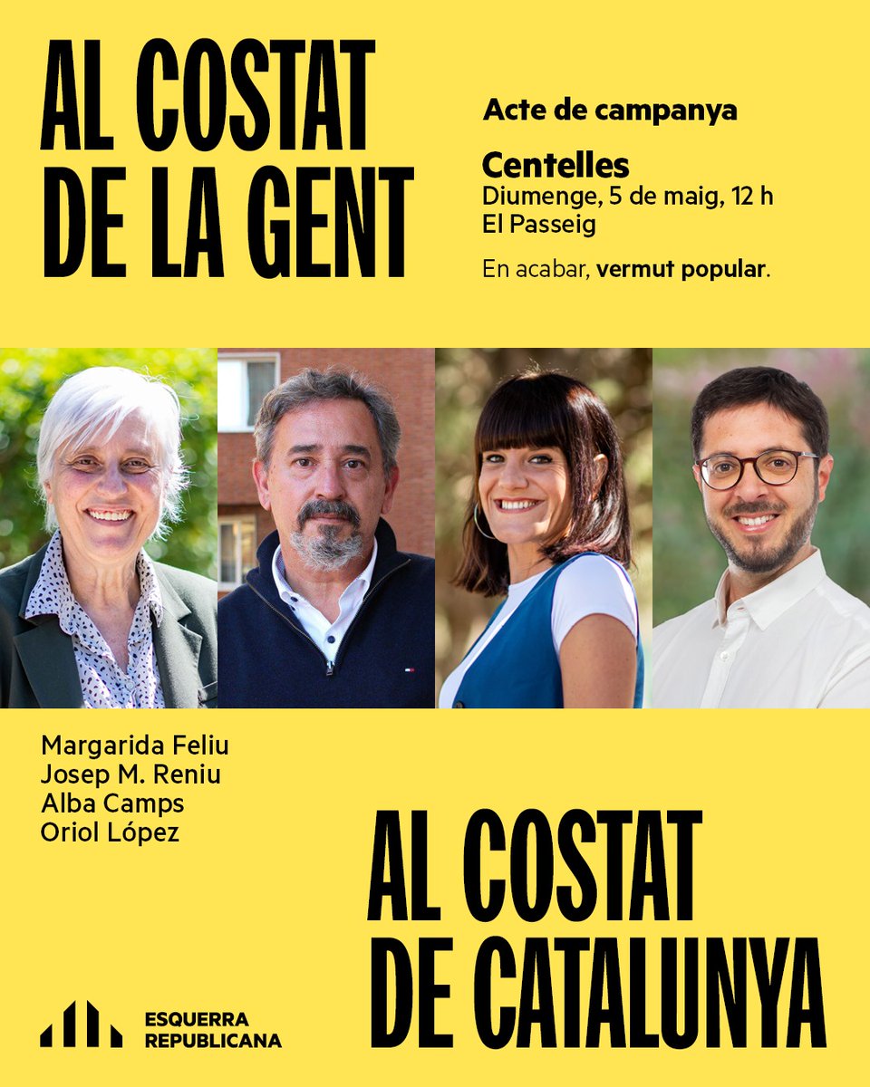 🟡 #GuanyaCatalunya 📍 #Centelles, El Passeig 📆 Diumenge, 5 de maig, a les 12 del migdia 👥 Amb @margaridafeliu, @RocaCamps, @jmreniu i @oriolmollet 😄 Us hi esperem!