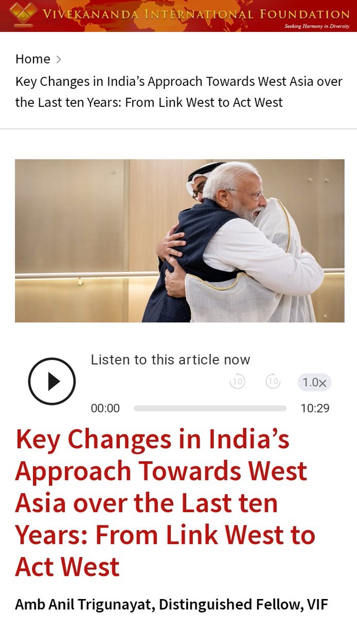 Excellent Commentary by @aniltrigunayat published at @vifindia 🚨 Key Points 📌 Under PM Modi, India's approach to West Asia evolved from transactional to bilateral, focusing on strengthening ties with countries like the UAE and Saudi Arabia independent of the Israel-Palestine…