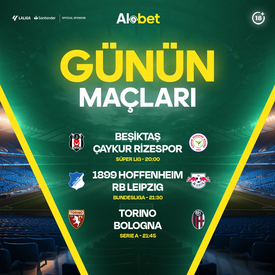 💸 Günün Yüksek Oranlı Maçları Seni Bekliyor ! 👑 #Alobet'te Yüksek Oranlarla Onlarca Lig, Binlerce Maç Sizi Bekliyor! ⚡️ Jet Hızında Kazançlar, Anında Çekimler! 🌐 Güncel Adresimiz: t2m.io/alobet #BJKvRİZ #Beşiktaş #BeşiktaşınMaçıVar #TorinoBologna #SerieA