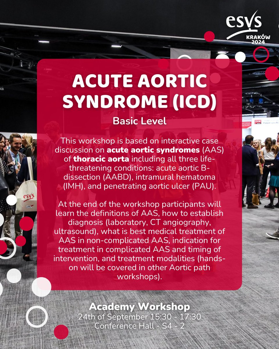 🗣️Share your controversial thoughts on thoracic aortic issues during #ESVS2024 Interested in more aortic content? Check out these workshops on Planning & Sizing EVAR, and Acute Aortic Syndrome. 🎟️ Get your early bird ticket esvs.org/events/annual-… @IanLoftus2 @VenerMa