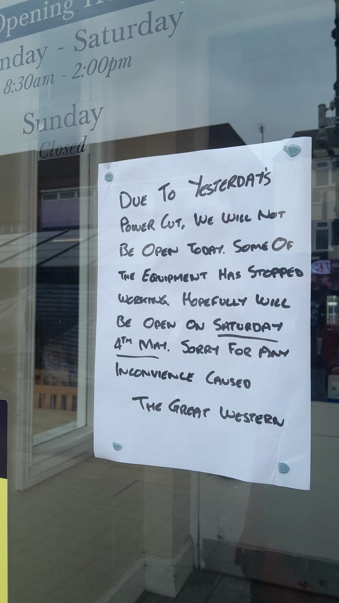 Great Western Café located on 242 High St, Sandwell Centre, West Bromwich B70 7QG will be closed until 4th May due to power cut.