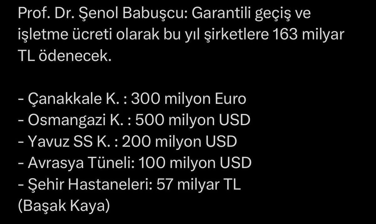 📌Yap işlet devret modeli diye övündükleri sözde yatırımların, vatandaşlarımıza yüküne bakın lütfen.

Sadece 1 senede ödenecek miktar 163 milyar TL.

Şirketlerin vatandaşlardan aldığı ücret dışında, devletten alacakları ücret.

1 senede verilen para ile kaç köprü ve yol yapılır?