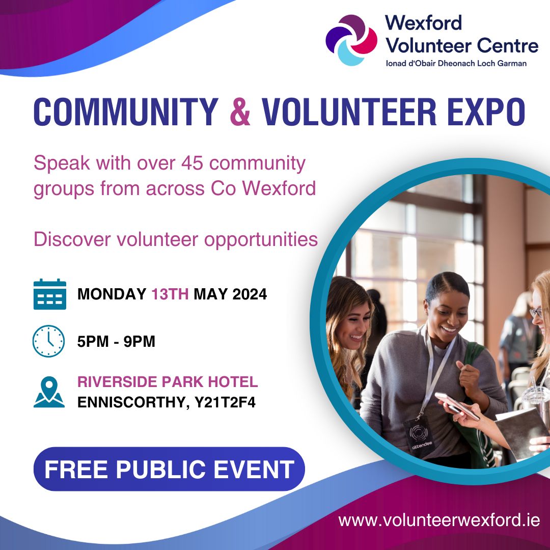 County Wexford Chamber (@cowexchamber) on Twitter photo <a href="/WexfordVC/">Wexford Volunteer Centre</a> is holding its first Community and Volunteer Expo on Monday, May 13th, 5pm-9pm, at <a href="/TheRiverside/">Riverside Park Hotel & Leisure Club</a> Park Hotel, #Enniscorthy. With over 45 community and voluntary groups ready to engage, there's a cause waiting for your support.
volunteerwexford.ie
#Wexford <a href="/WexfordVC/">Wexford Volunteer Centre</a> is holding its first Community and Volunteer Expo on Monday, May 13th, 5pm-9pm, at <a href="/TheRiverside/">Riverside Park Hotel & Leisure Club</a> Park Hotel, #Enniscorthy. With over 45 community and voluntary groups ready to engage, there's a cause waiting for your support.
volunteerwexford.ie
#Wexford